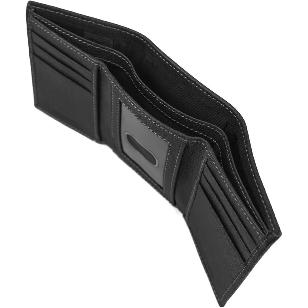 🆕Men Black Genuine Leather Rfid Blocking Trifold Wallet, Black, One Size